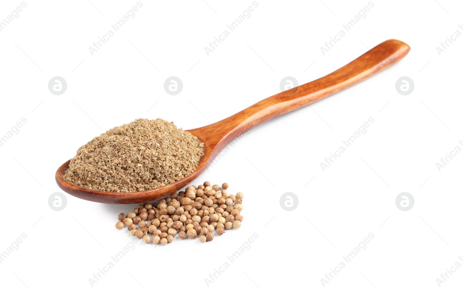 Photo of Wooden spoon with powdered coriander and corns on white background