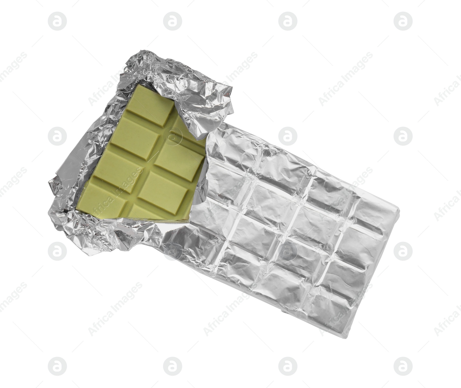 Photo of Tasty matcha chocolate bar wrapped in foil isolated on white, top view