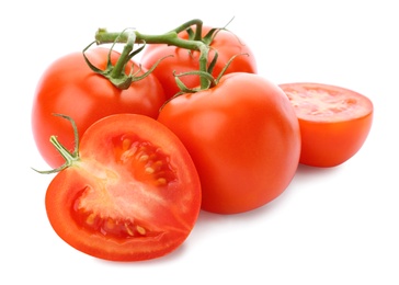 Photo of Branch of ripe red tomatoes on white background