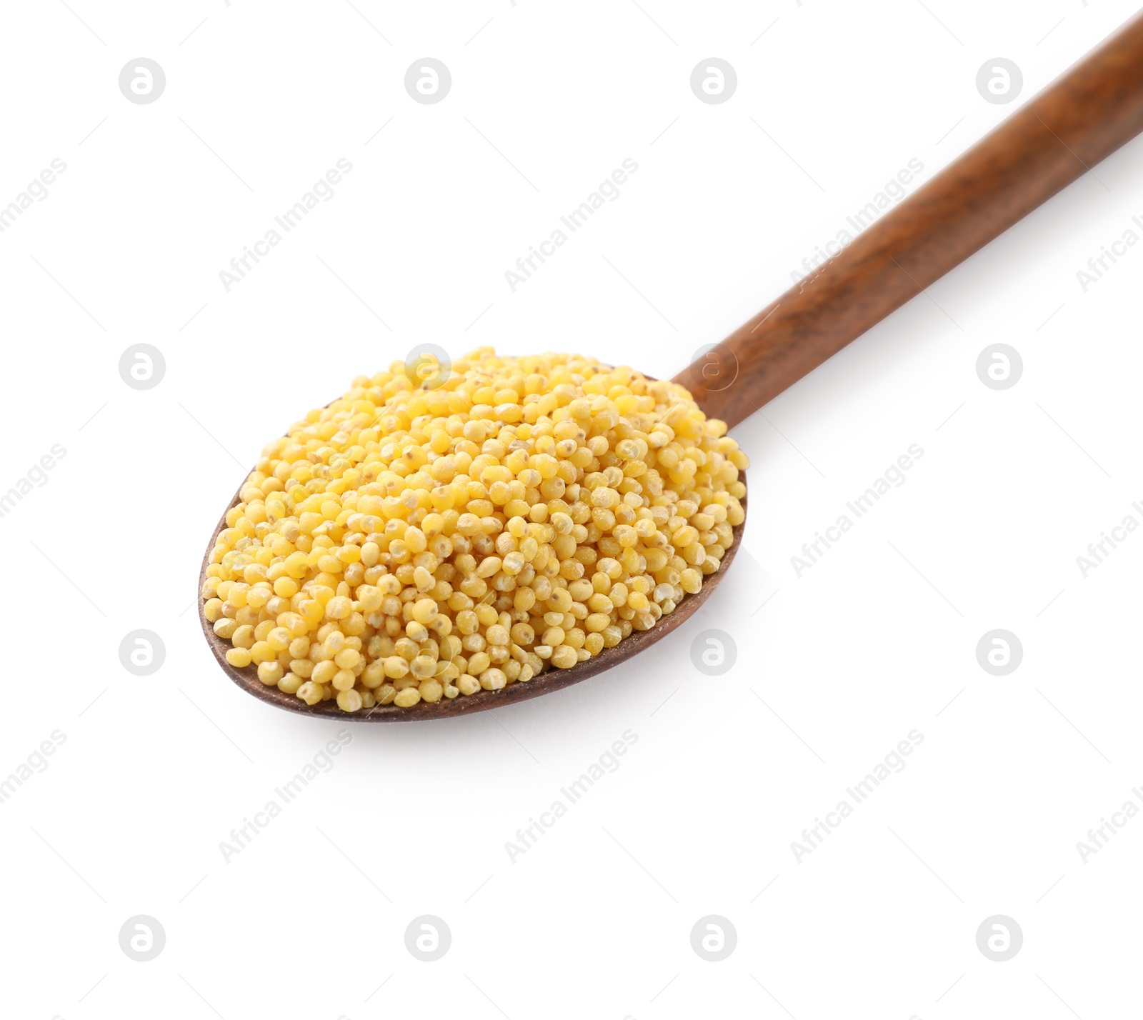 Photo of Wooden spoon with millet groats isolated on white