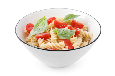 Delicious fusilli pasta with tomatoes isolated on white