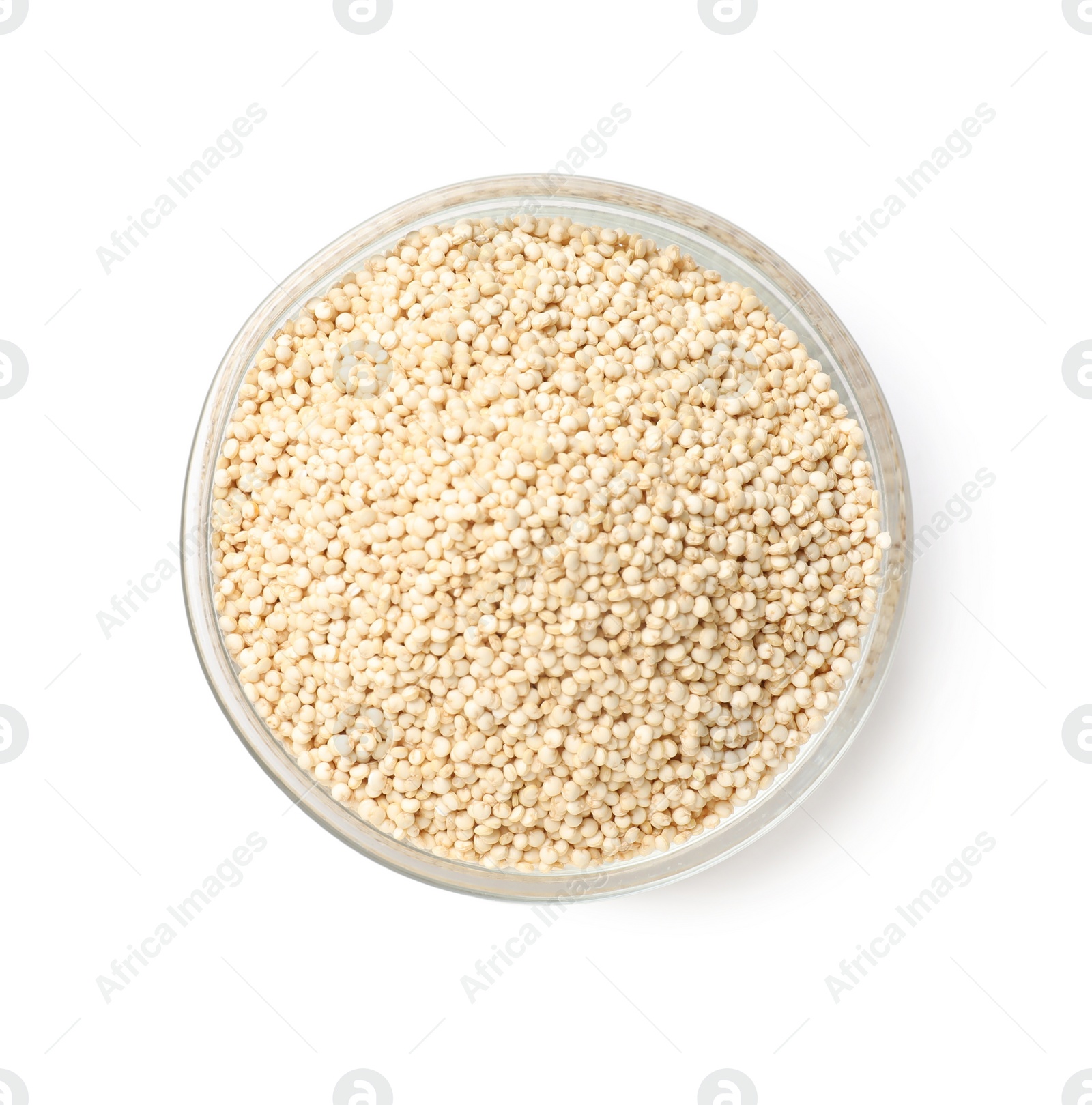 Photo of Raw quinoa in glass bowl isolated on white, top view