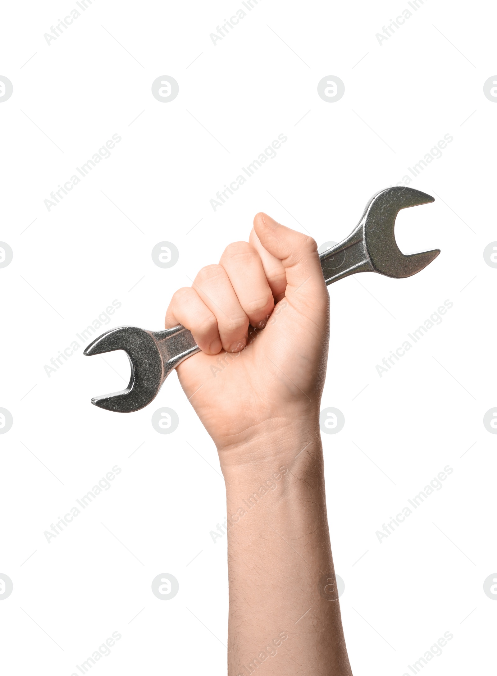 Photo of Man holding wrench isolated on white, closeup