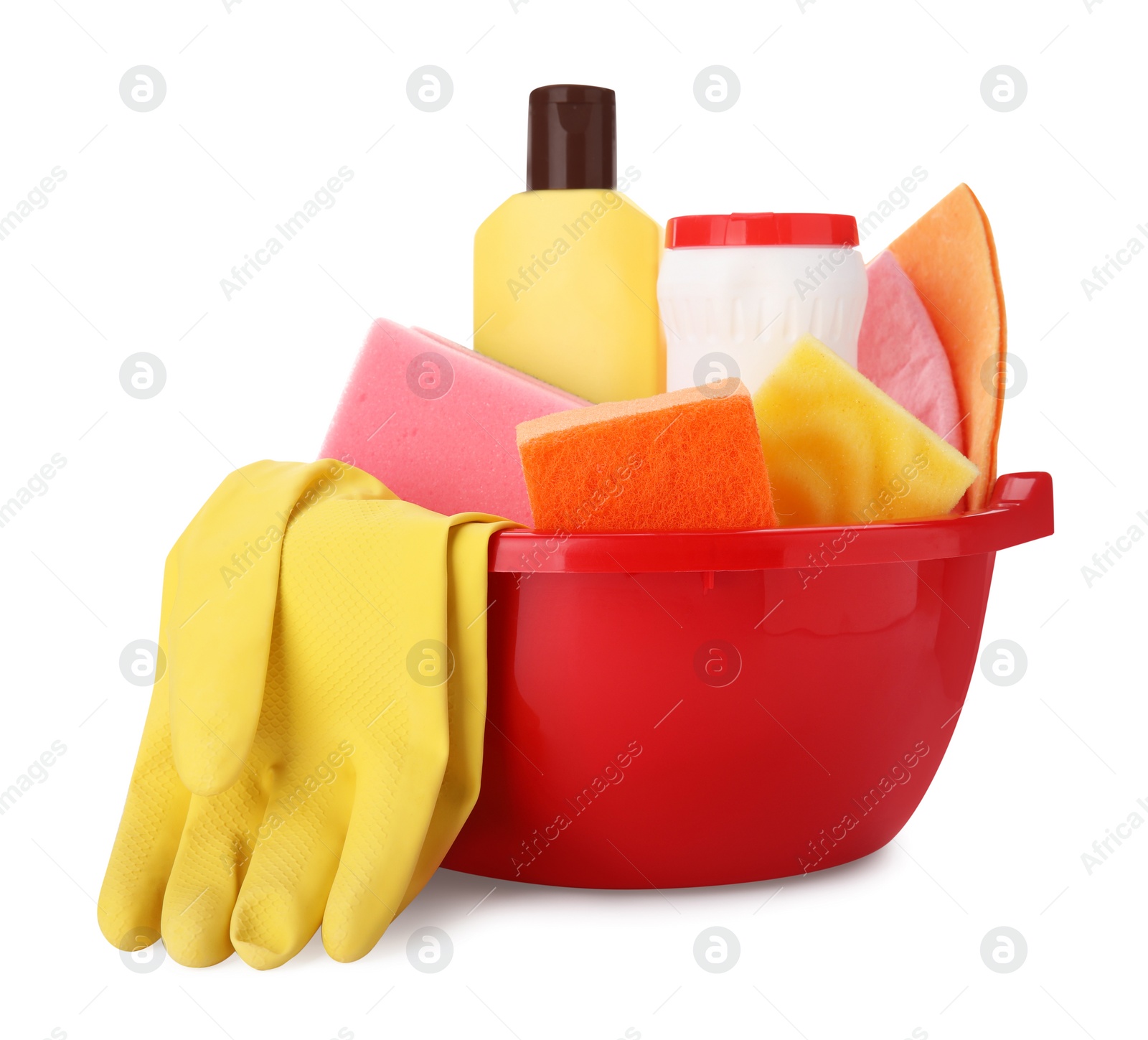 Photo of Red basin with cleaning supplies and tools on white background