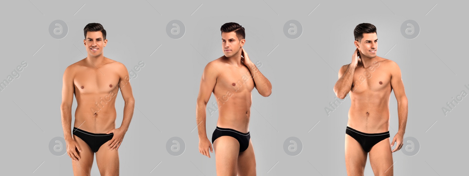 Image of Collage of man in underwear on grey background