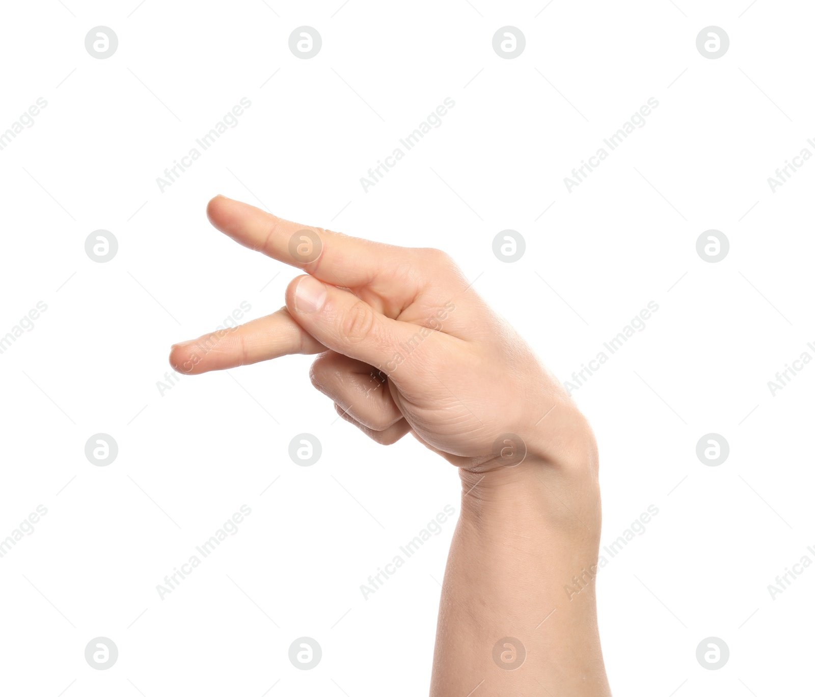 Photo of Man showing K letter on white background, closeup. Sign language