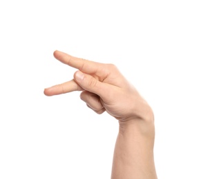 Photo of Man showing K letter on white background, closeup. Sign language
