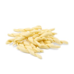 Photo of Pile of uncooked trofie pasta isolated on white