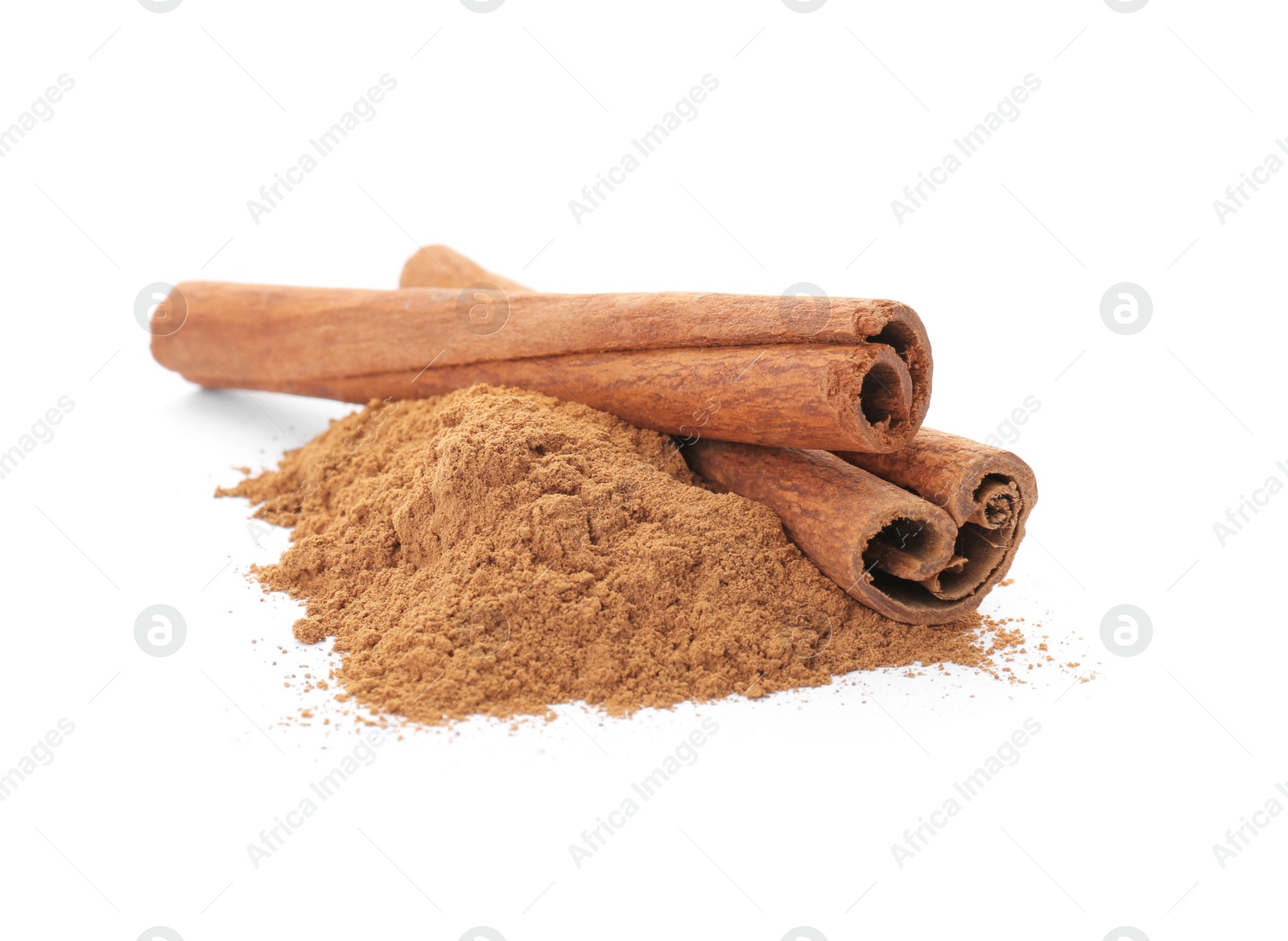 Photo of Aromatic cinnamon sticks and powder on white background