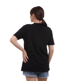 Woman in stylish black t-shirt on white background, back view