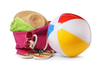 Different stylish beach accessories on white background