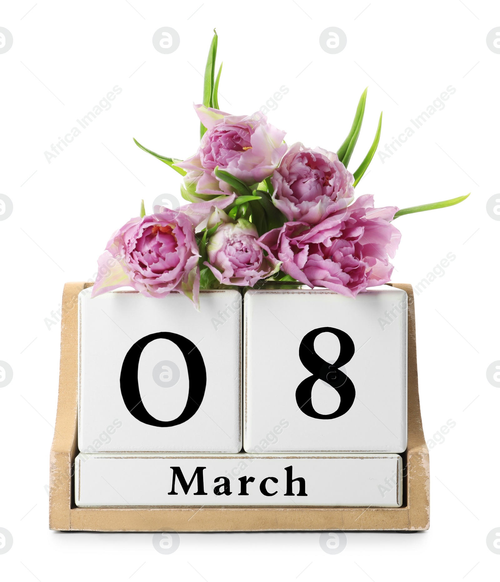 Photo of Wooden block calendar with date 8th of March and tulips on white background. International Women's Day