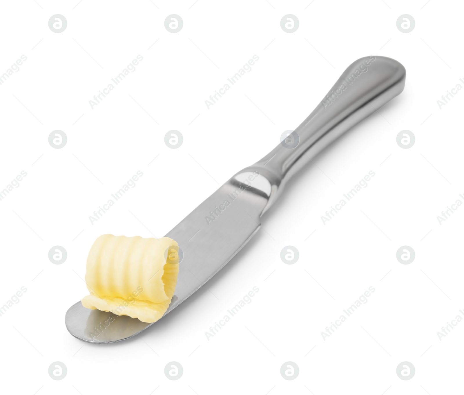 Photo of Butter curl and knife isolated on white