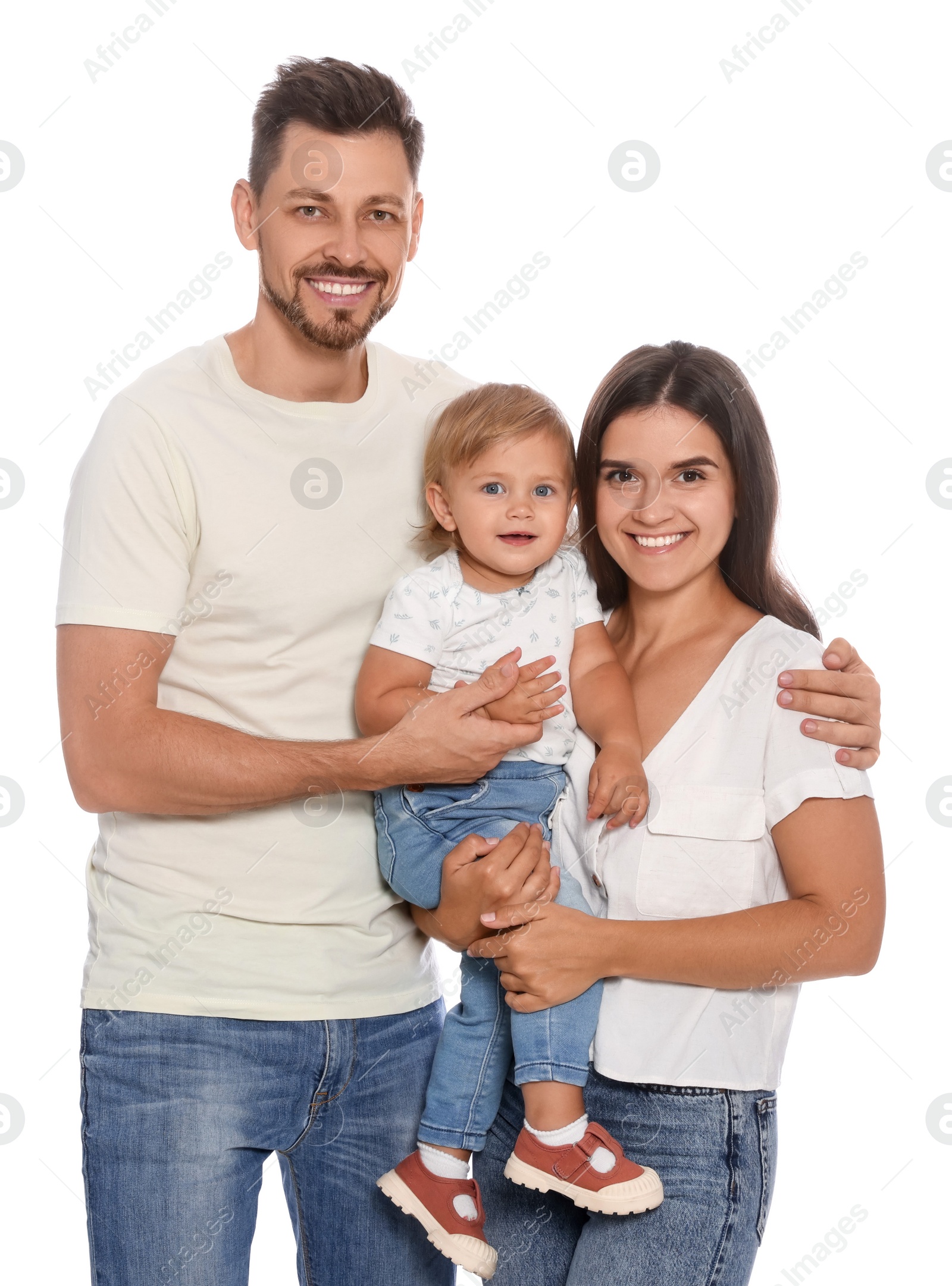 Photo of Happy cute family in casual clothes on white background