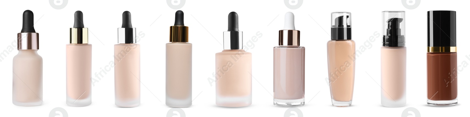 Image of Different liquid foundations isolated on white. Collection of makeup products