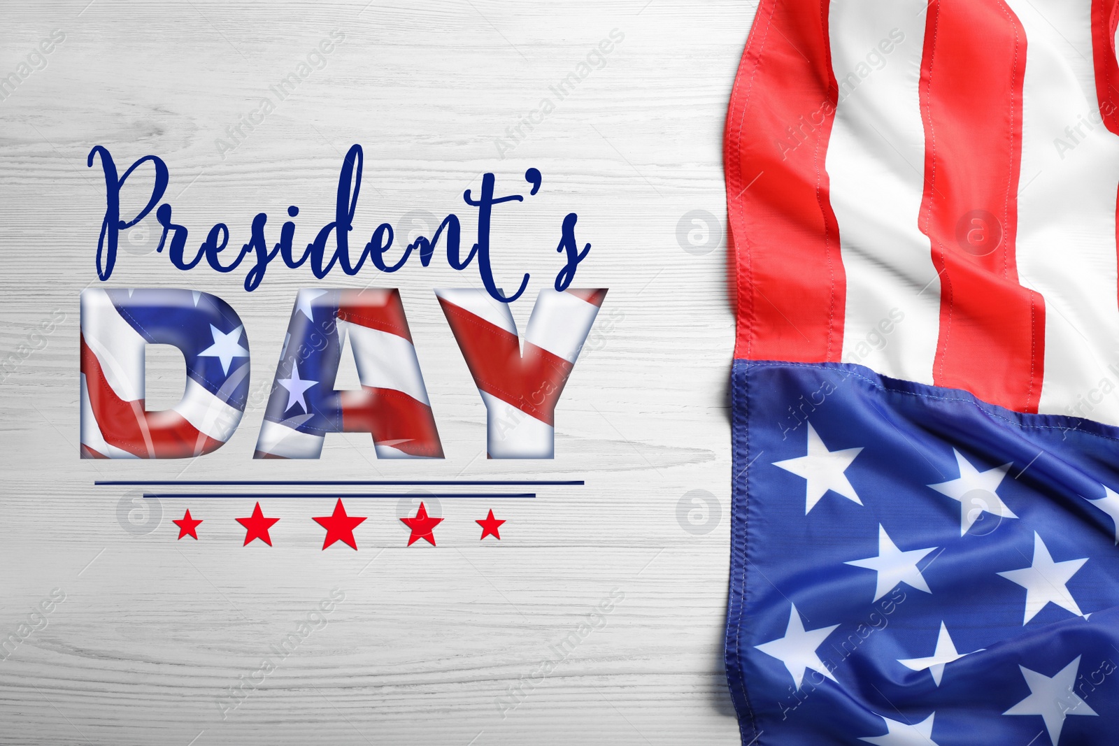 Image of Happy President's Day - federal holiday. American flag and text on white wooden background, top view