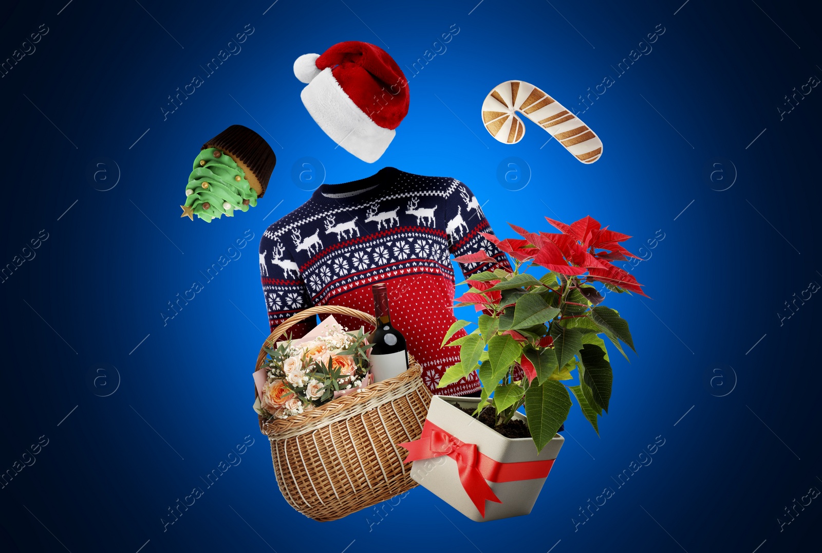 Image of New Year celebration. Different festive stuff in air on blue gradient background