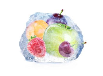 Frozen food. Raw fruits in ice cube isolated on white