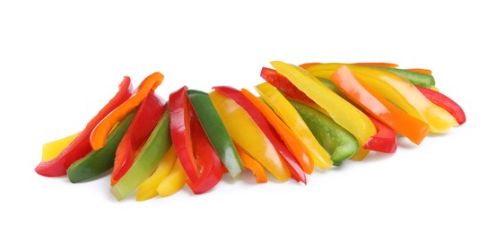 Photo of Colorful bell peppers cut in sticks on white background. Healthy vegetables