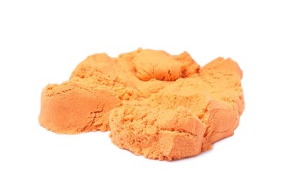 Photo of Pile of orange kinetic sand on white background