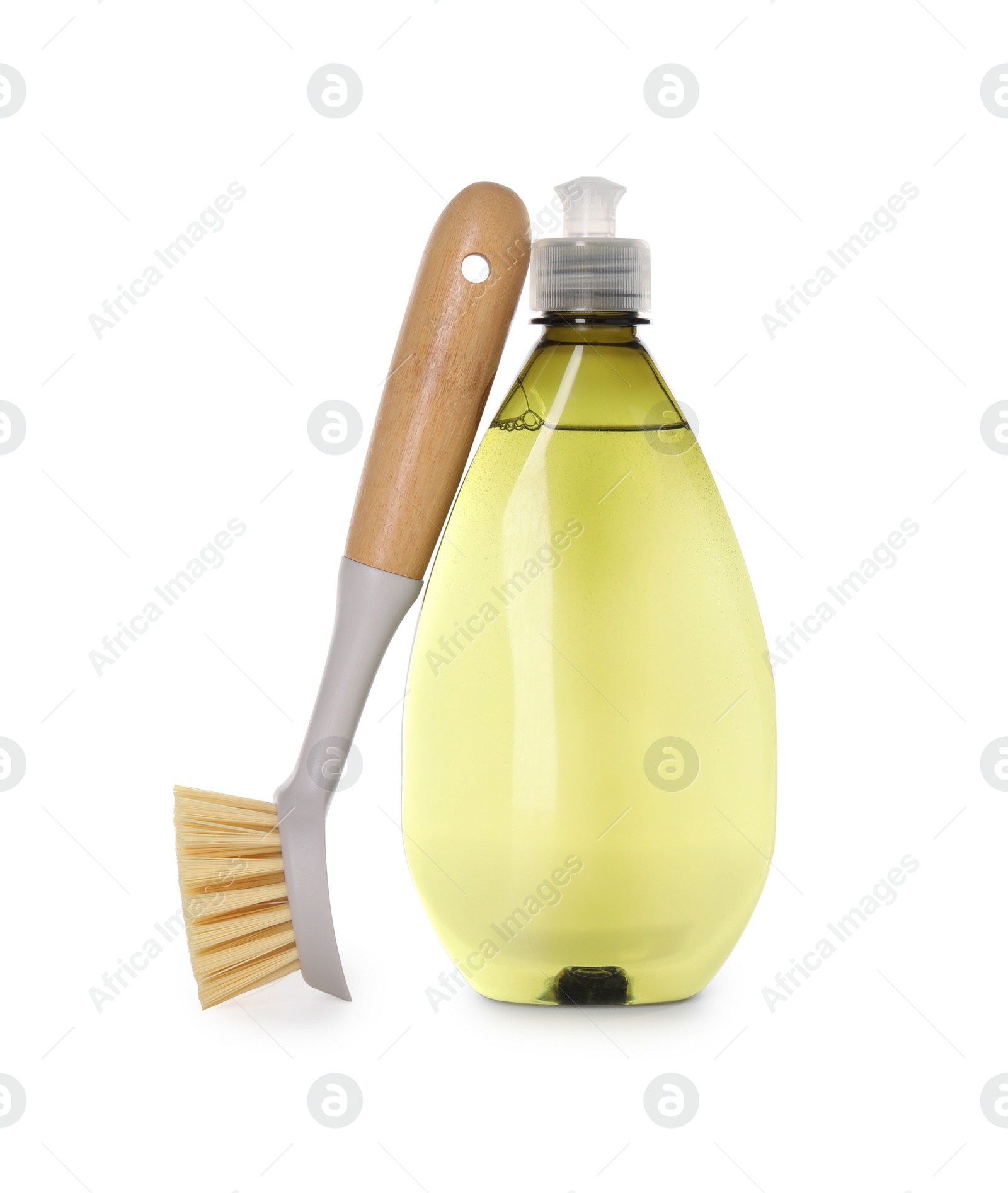 Photo of Bottle of cleaning product and brush isolated on white