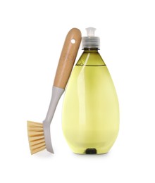 Photo of Bottle of cleaning product and brush isolated on white