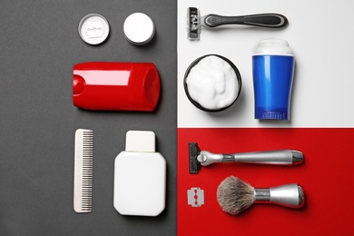 Photo of Flat lay composition with shaving accessories for men on color background