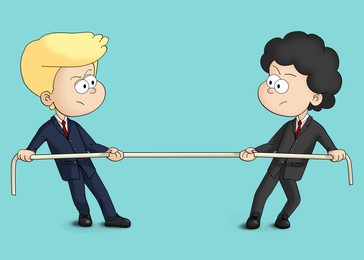 Illustration of Competition concept. Two businessmen pulling rope on turquoise background. Illustration