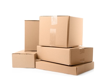 Pile of cardboard boxes on white background