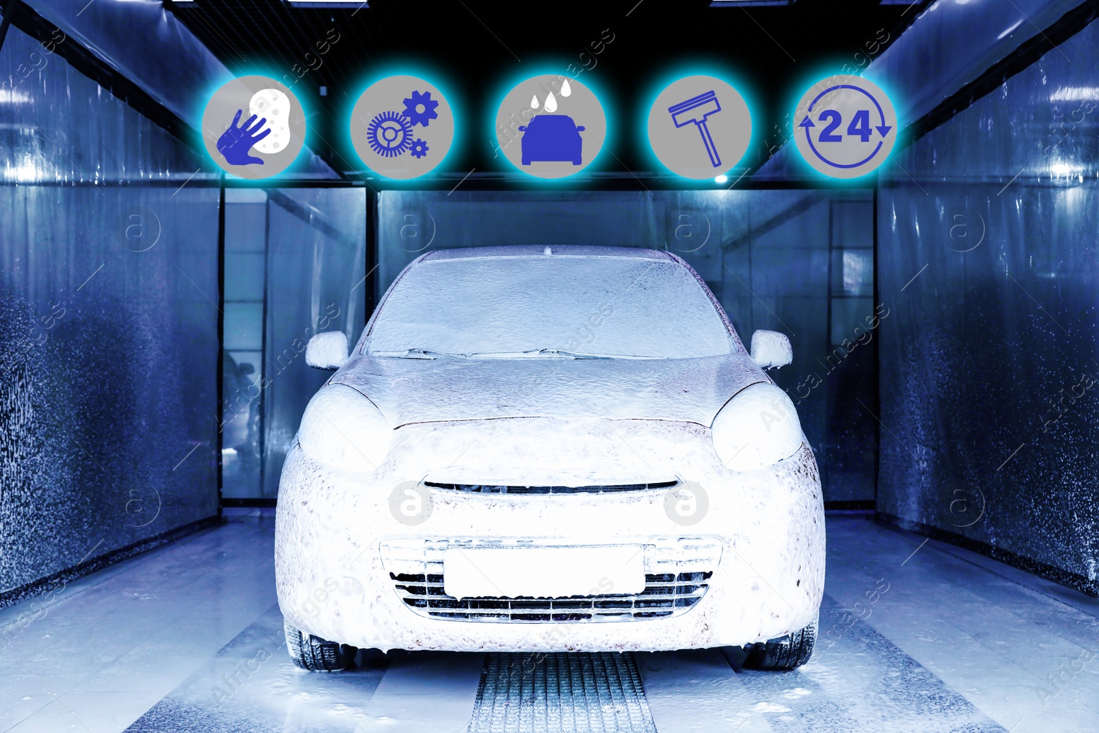 Image of Car wash, full service related icons. Automobile covered with foam