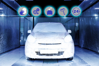 Car wash, full service related icons. Automobile covered with foam