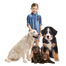 Image of Cute little child with his pets on white background