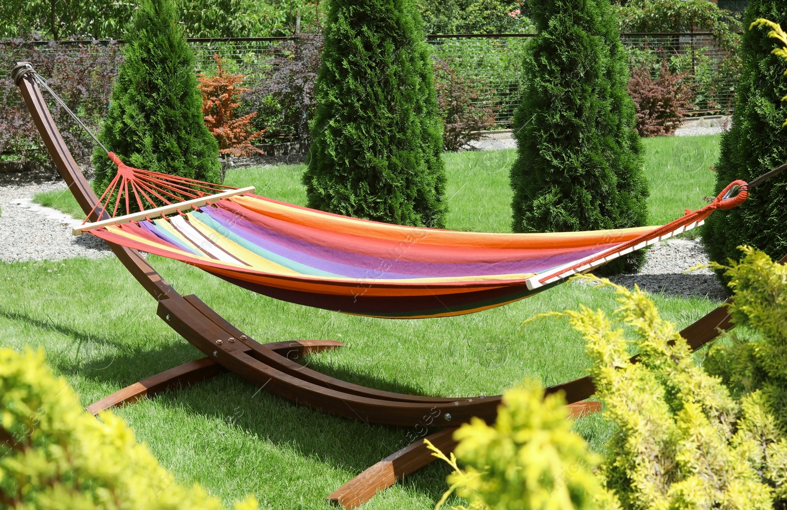Photo of Empty comfortable hammock outdoors on sunny day