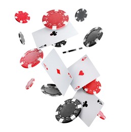 Image of Casino chips and playing cards falling on white background