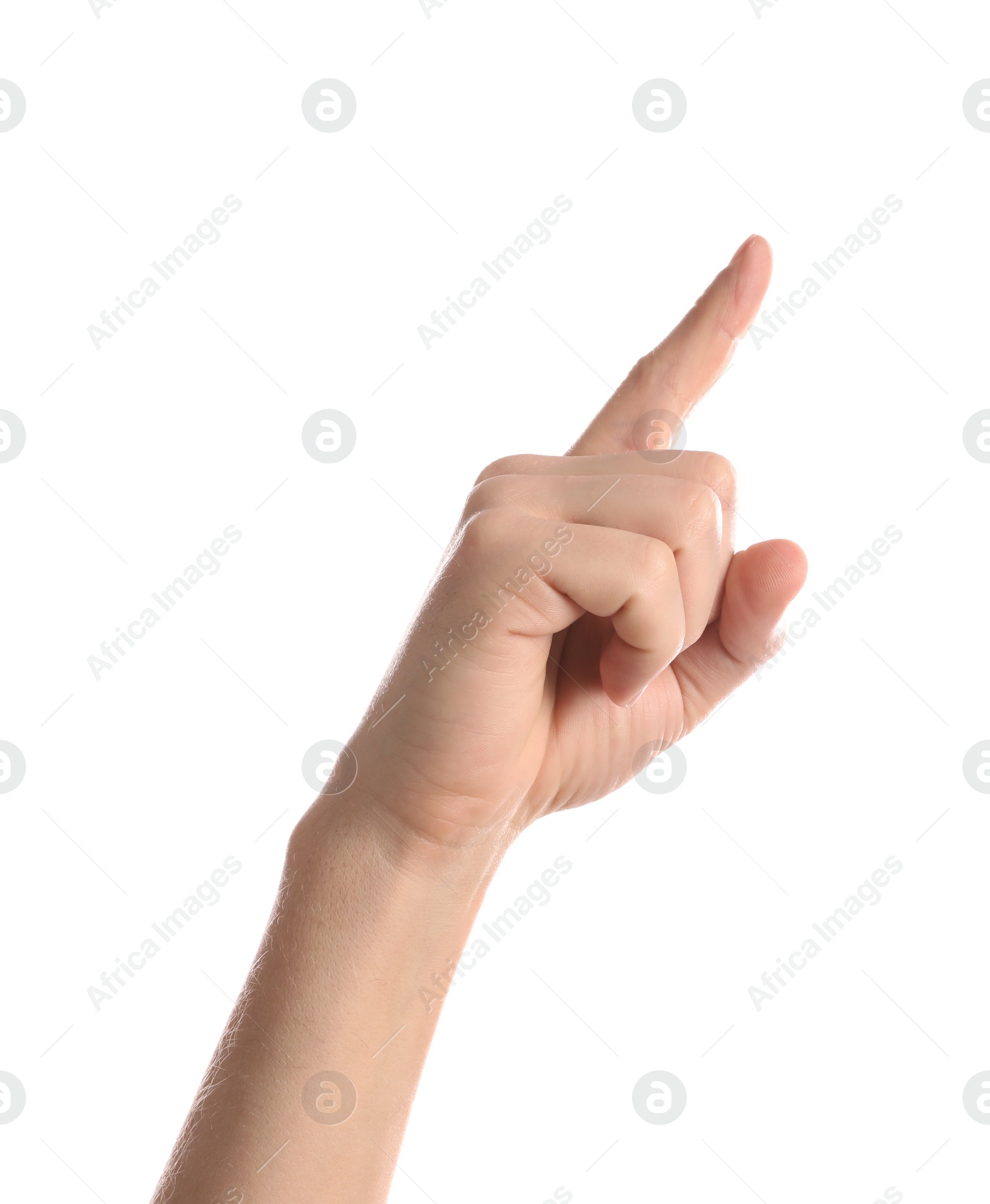 Photo of Man pointing at something on white background, closeup of hand