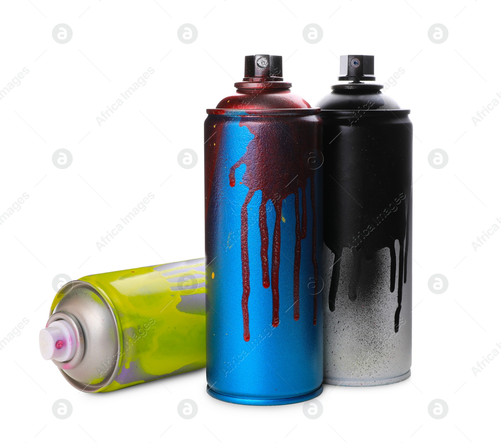 Photo of Used cans of spray paints on white background. Graffiti supplies