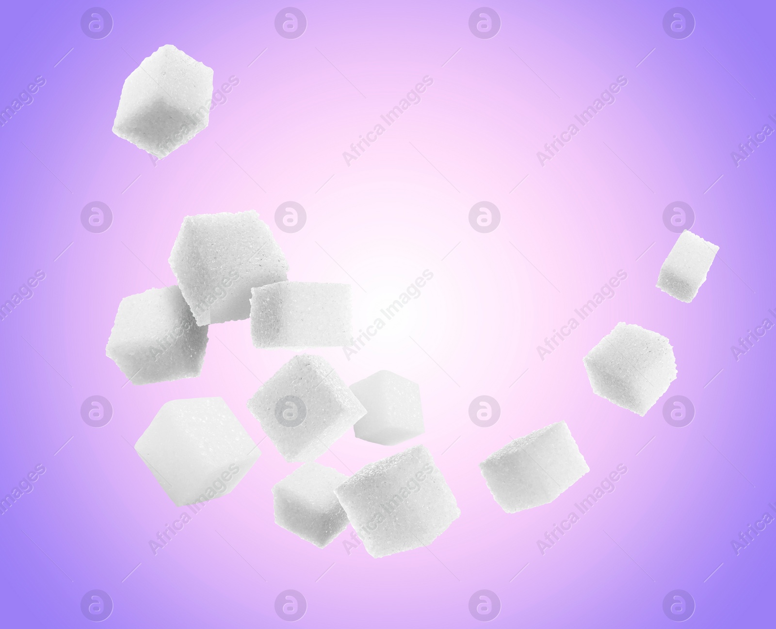 Image of Refined sugar cubes in air on purple gradient background