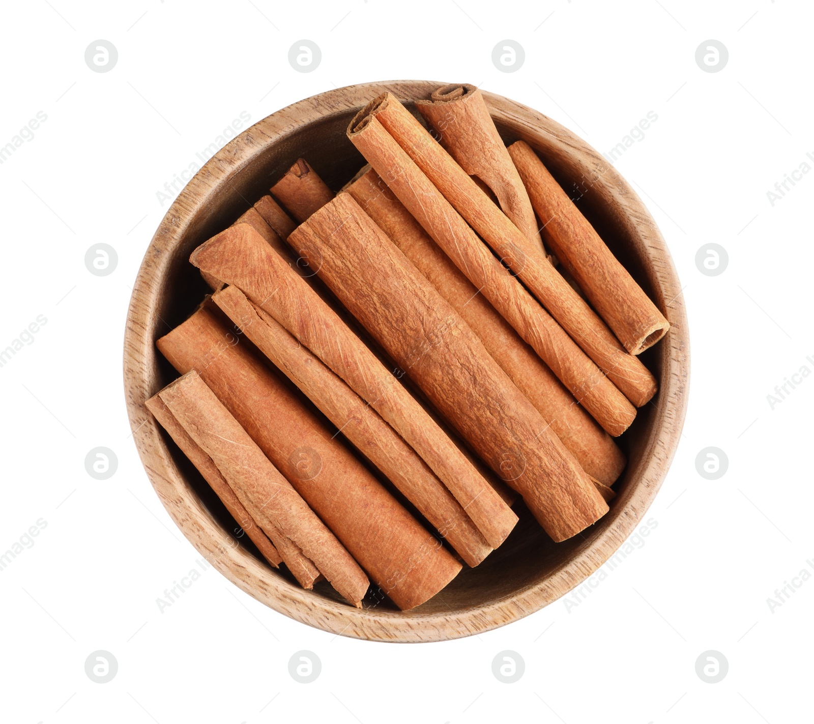 Photo of Cinnamon sticks in bowl isolated on white, top view