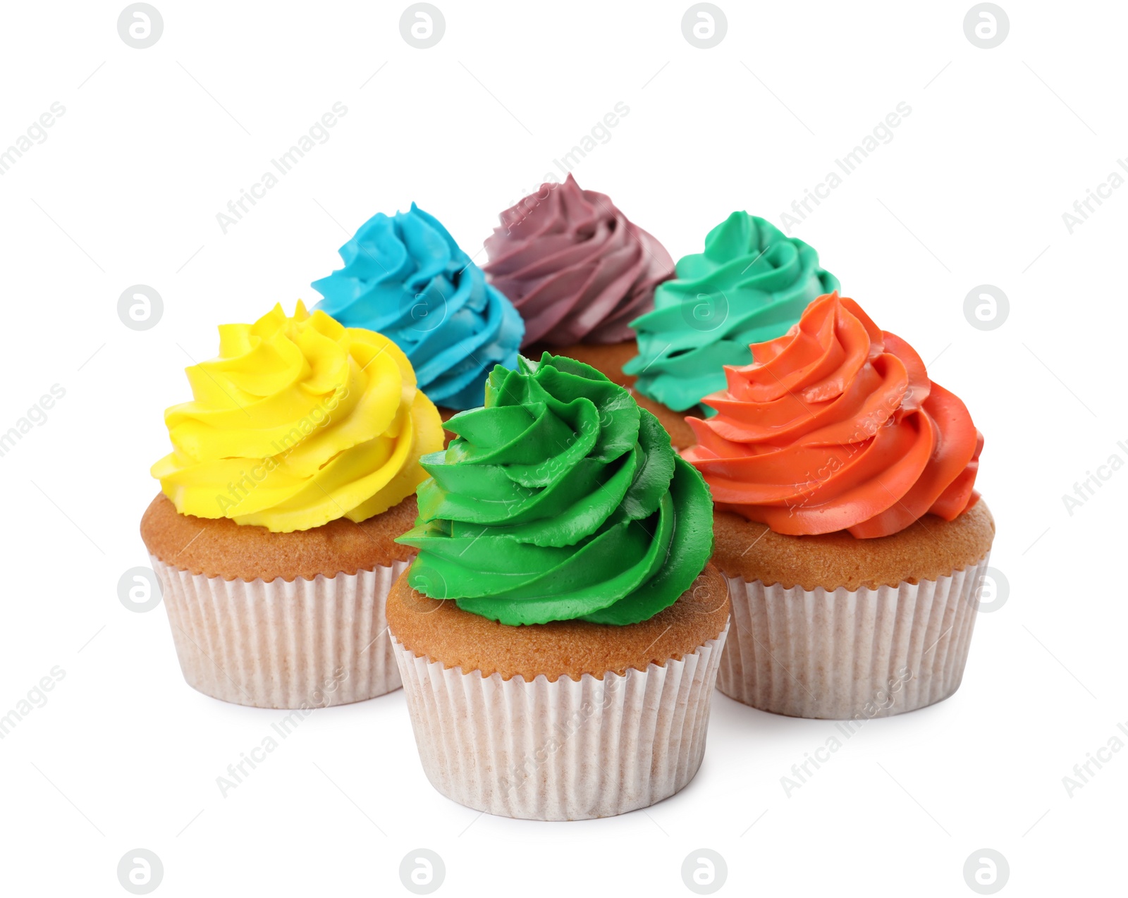 Photo of Different delicious colorful cupcakes on white background