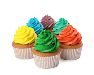 Photo of Different delicious colorful cupcakes on white background