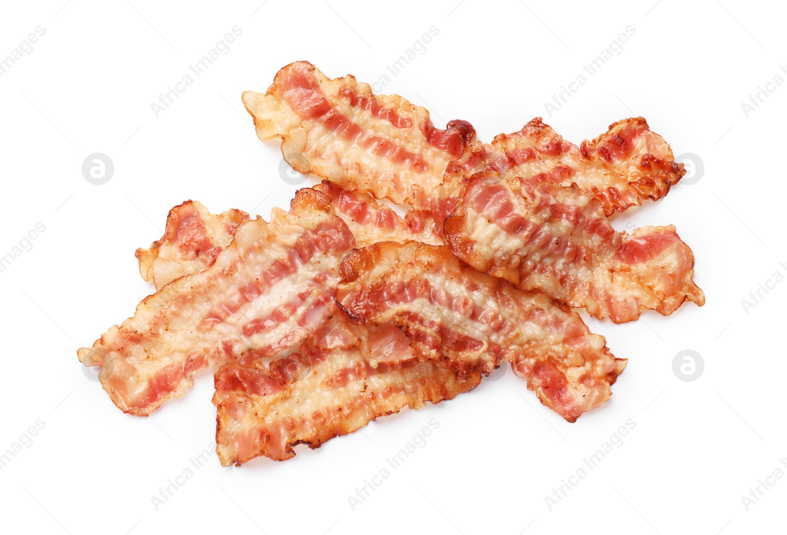 Photo of Delicious fried bacon slices isolated on white, top view