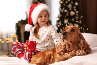 Cute little girl with English Cocker Spaniel on bed in room decorated for Christmas