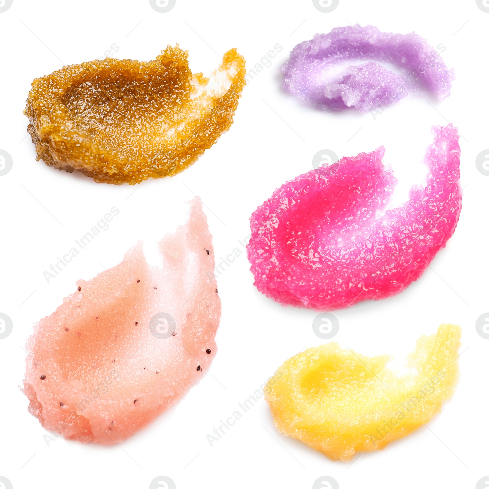 Image of Set with different samples of natural scrubs on white background, top view  