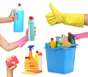 Image of Collage with photos of people holding cleaning supplies on white background, closeup 