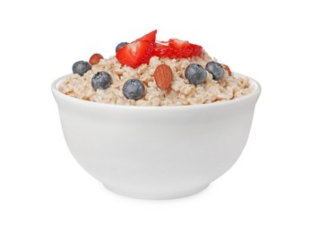 Photo of Tasty boiled oatmeal with berries and almonds in bowl isolated on white