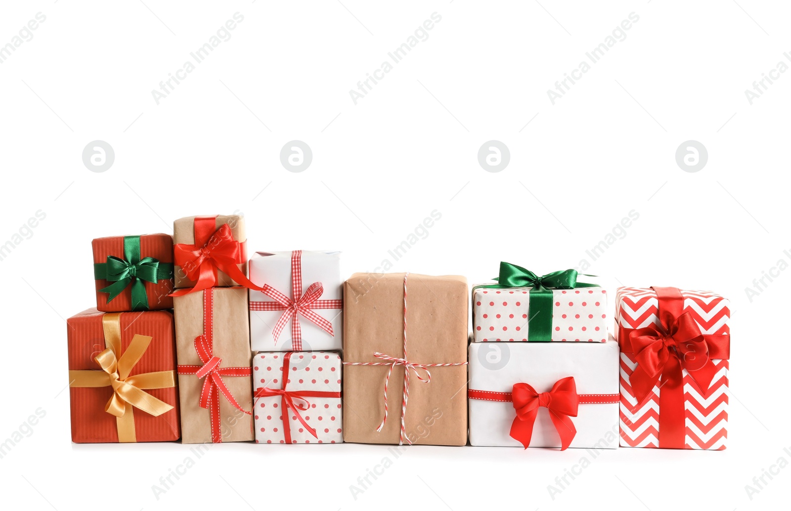 Photo of Beautifully wrapped gift boxes on white background