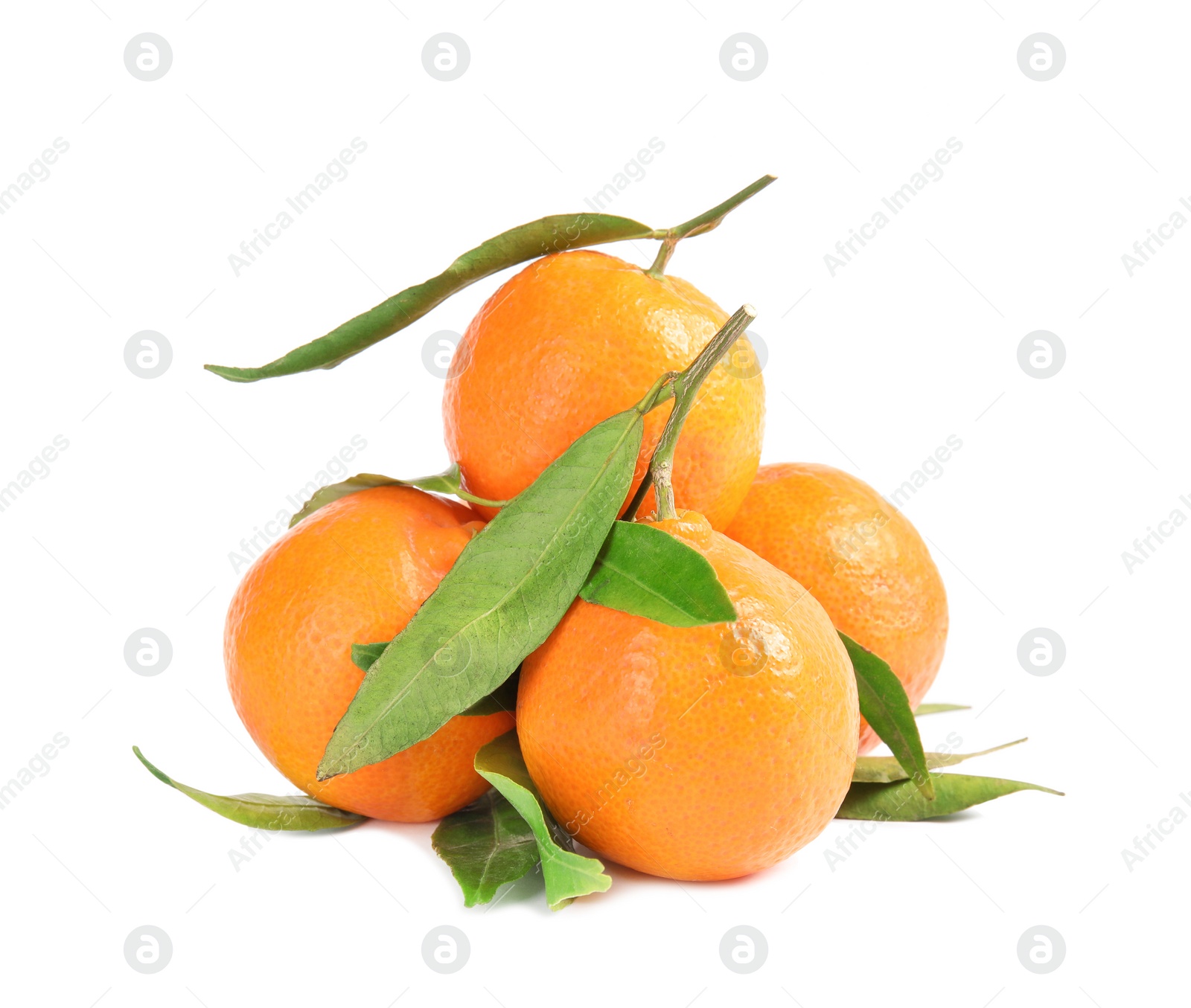 Photo of Tasty ripe tangerines with leaves on white background