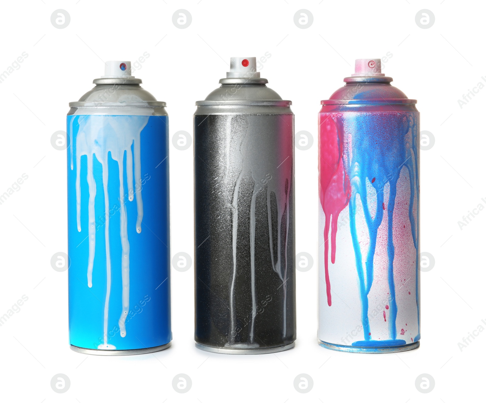 Photo of Used cans of spray paint on white background