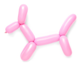Pink dog figure made of modelling balloon on white background, top view