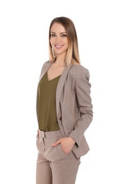 Photo of Portrait of happy businesswoman on white background